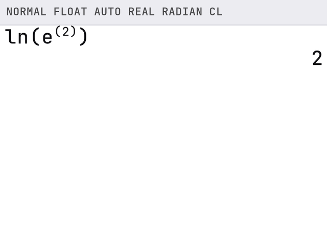 TI-84 screen after these steps: ln(e²) gives 2.
