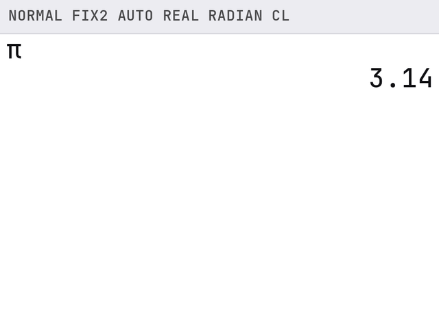 TI-84 screen after these steps: π shows as 3.14 and the top bar reads FIX2.
